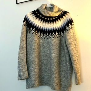 Aspen Fair Isle Wool Blend Grey Cozy Knit Turtleneck Sweater